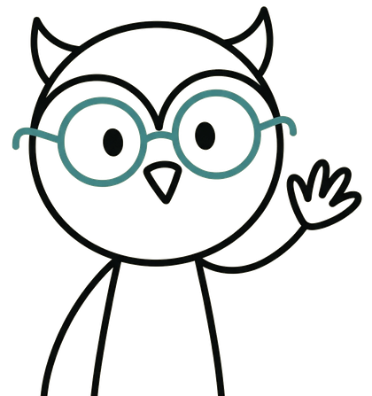 Riko, a line-drawn owl with round teal glasses, waving